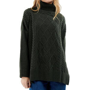 Barbour Women's Small Olive Green Burne T-Neck Jumper Wool Cableknit Sweater NWT